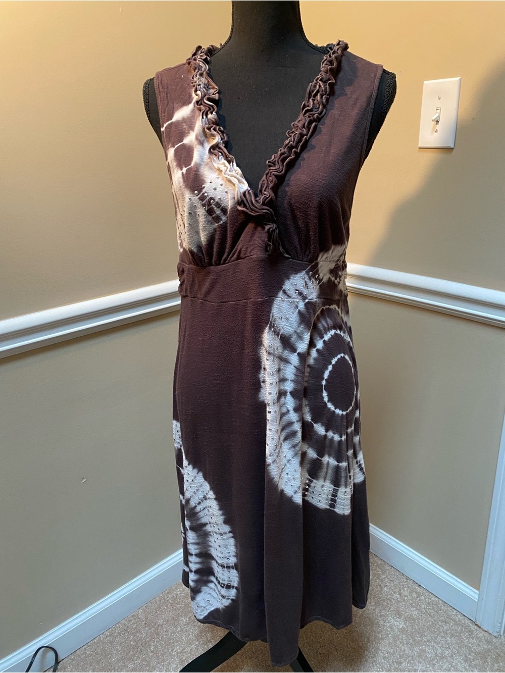 INC International Concepts Brown and White Tie-Dye Dress